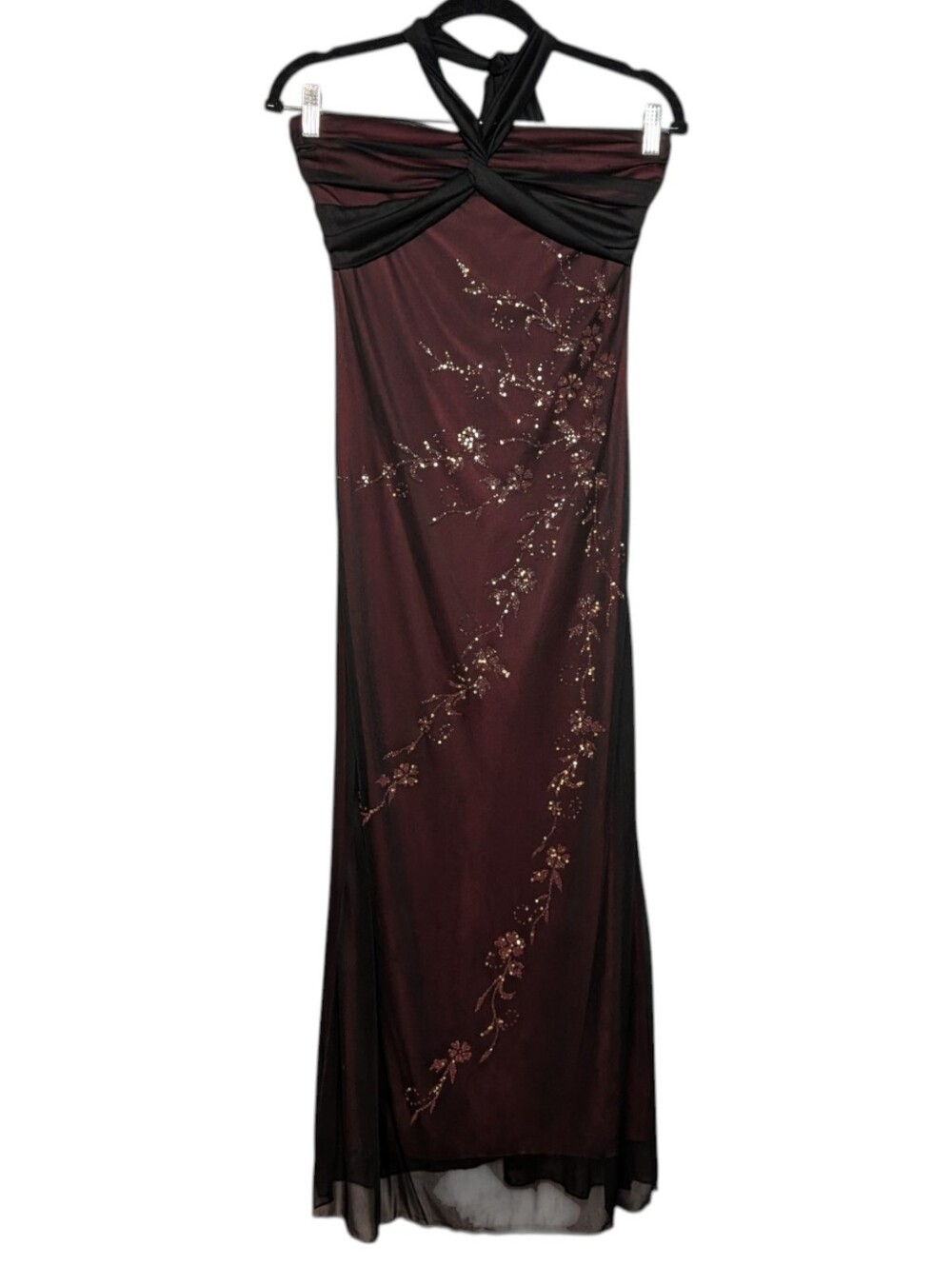 Trixxi Burgundy and Black Halter Maxi Gown with Beaded Vine